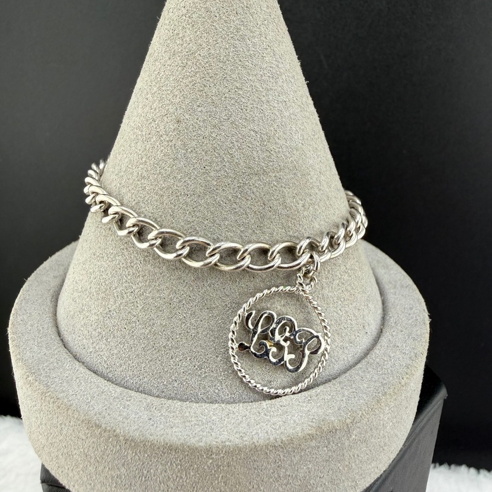 Vintage Sterling Silver Monogram Charm Bracelet Silver Curb Chain Script LGP 7"
